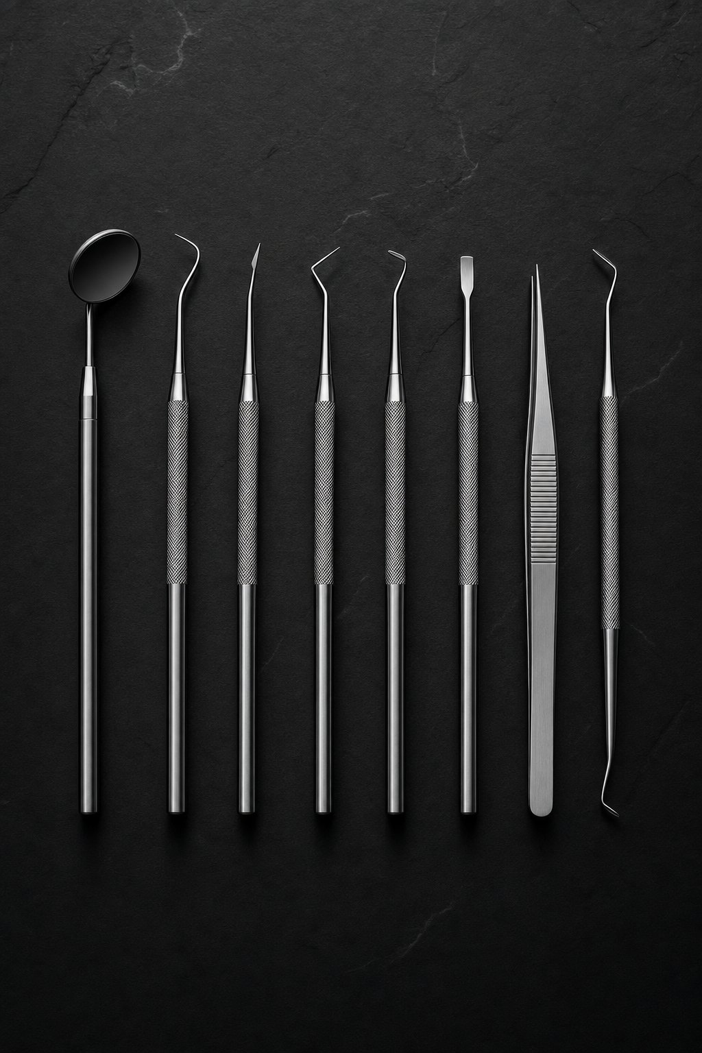 Dental instruments on dark slate
