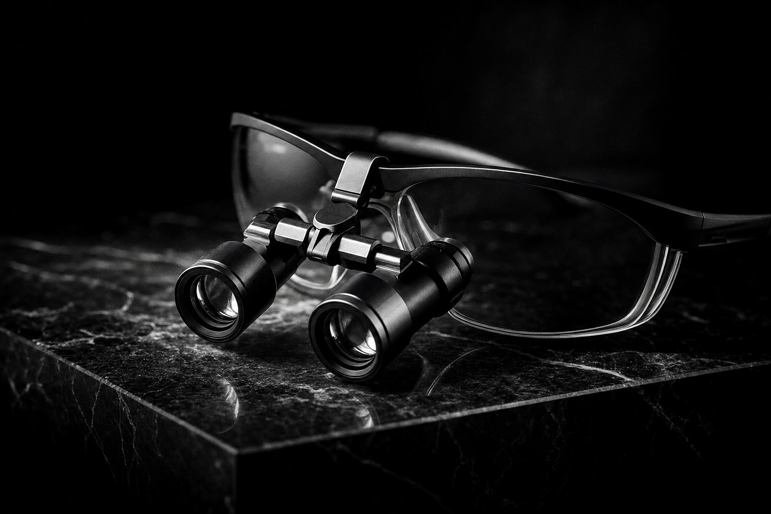 Surgical loupes on black stone